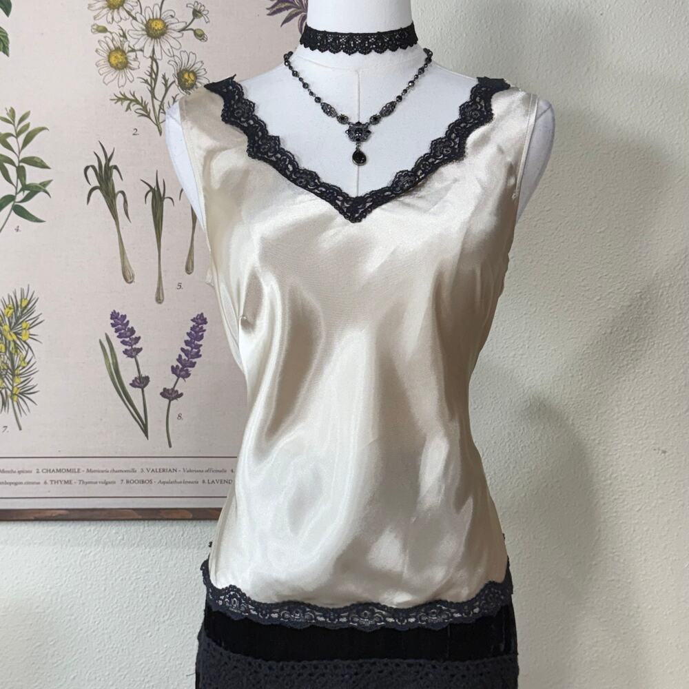 Vintage 90s Y2k Satin Lace Trim Sleeveless Top Romantic Dark Coquette Sexy S 6 - Picture 1 of 6